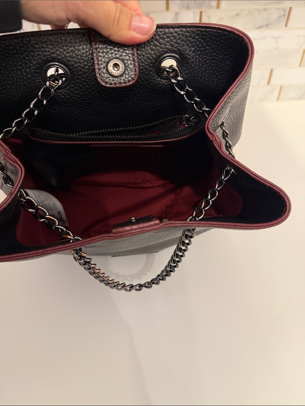 Adolfo Dominguez Black Bucket Bag with Burgundy Trim and Gunmetal Chain - Picture 6 of 6